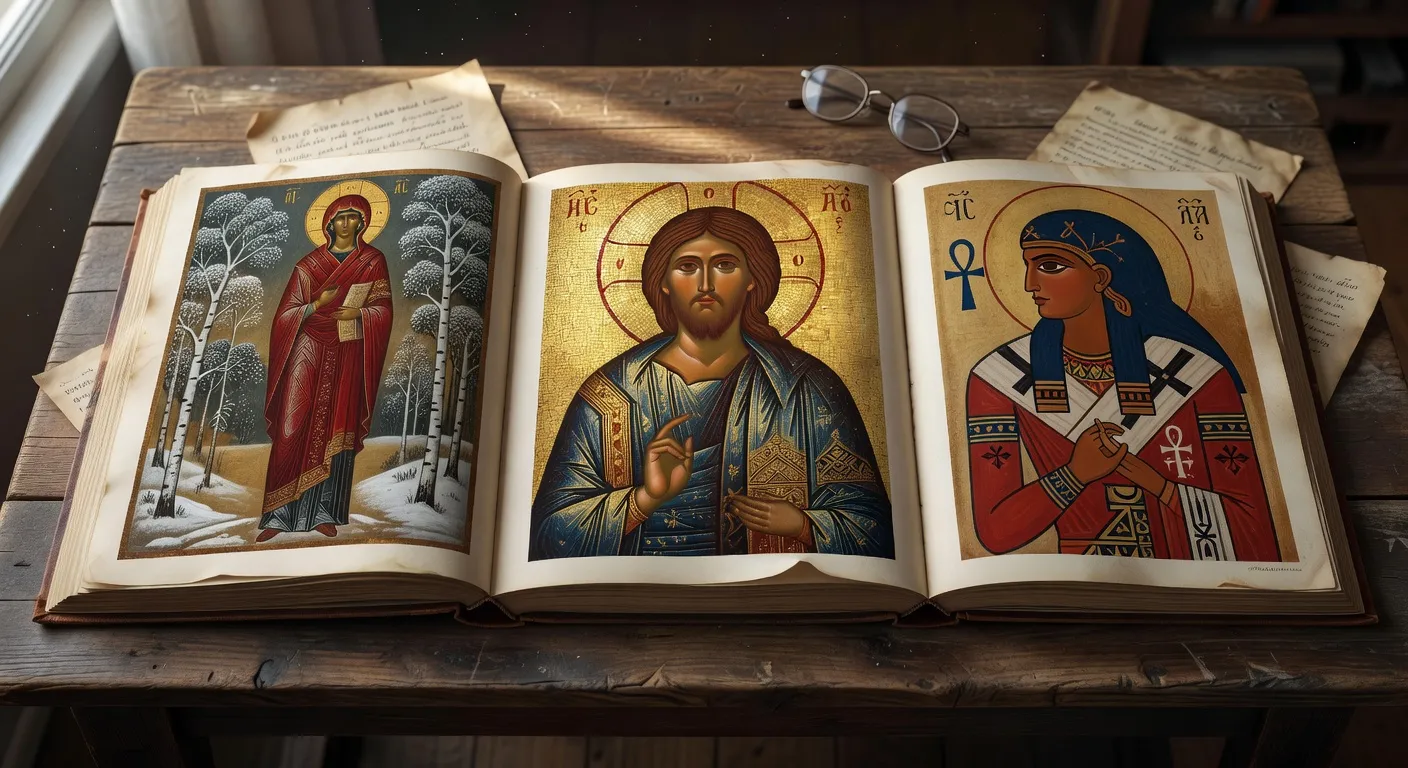 Beaux livres d'art sur les icones byzantines ouverts sur une table en bois avec reproductions en couleur