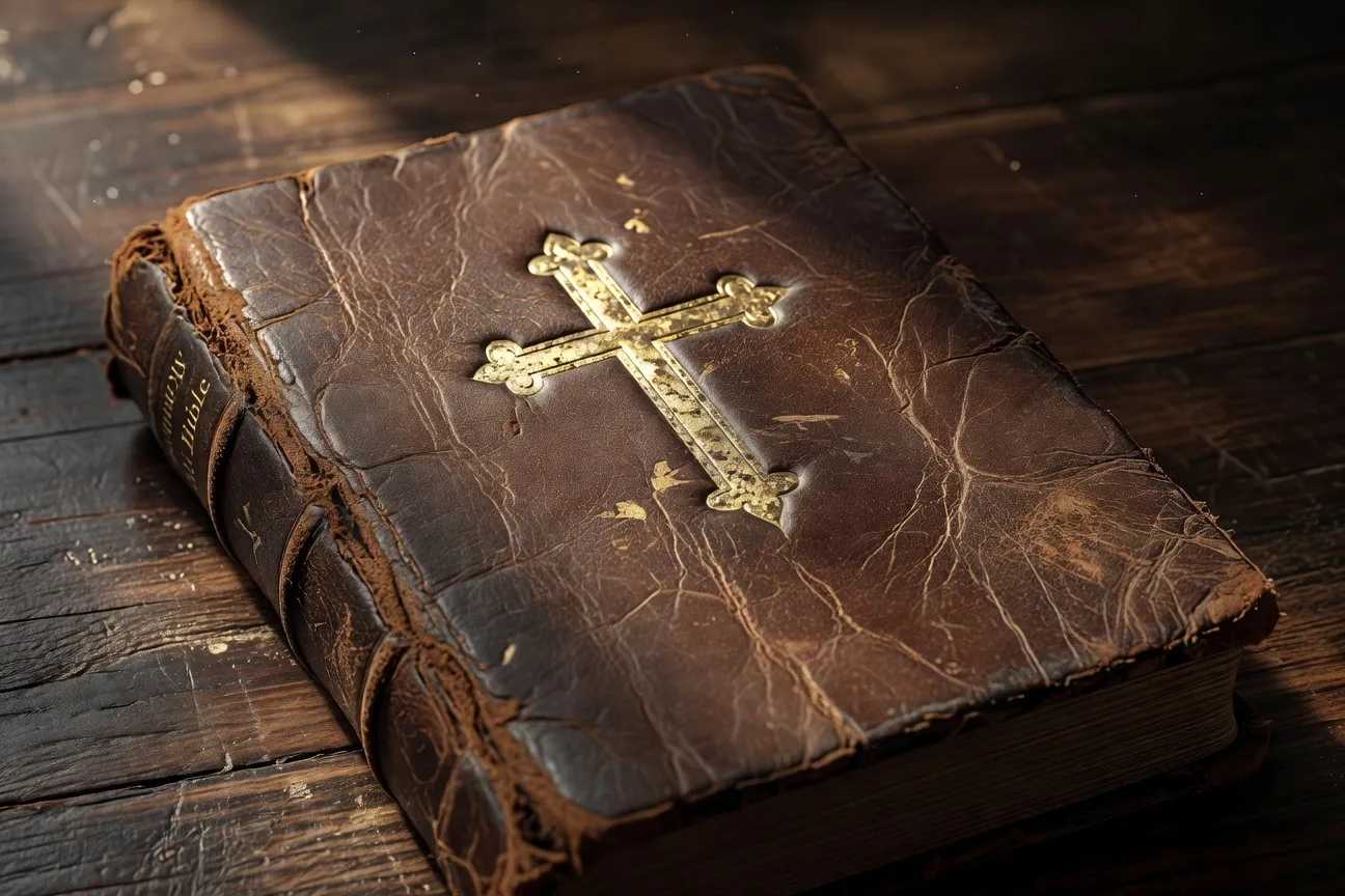 Bible ancienne reliee en cuir avec fermoirs metalliques posee sur un pupitre d'eglise