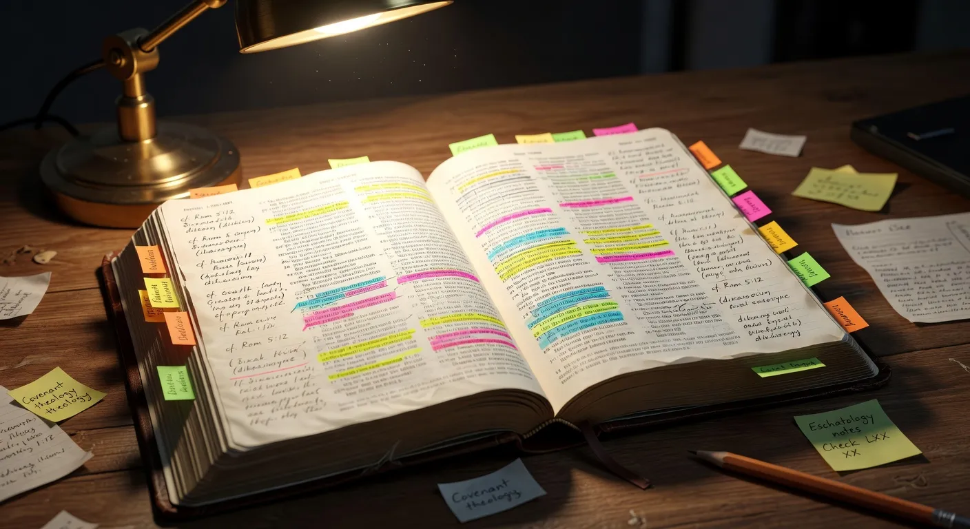Bible d'etude ouverte montrant des annotations manuscrites en marge et des passages soulignes