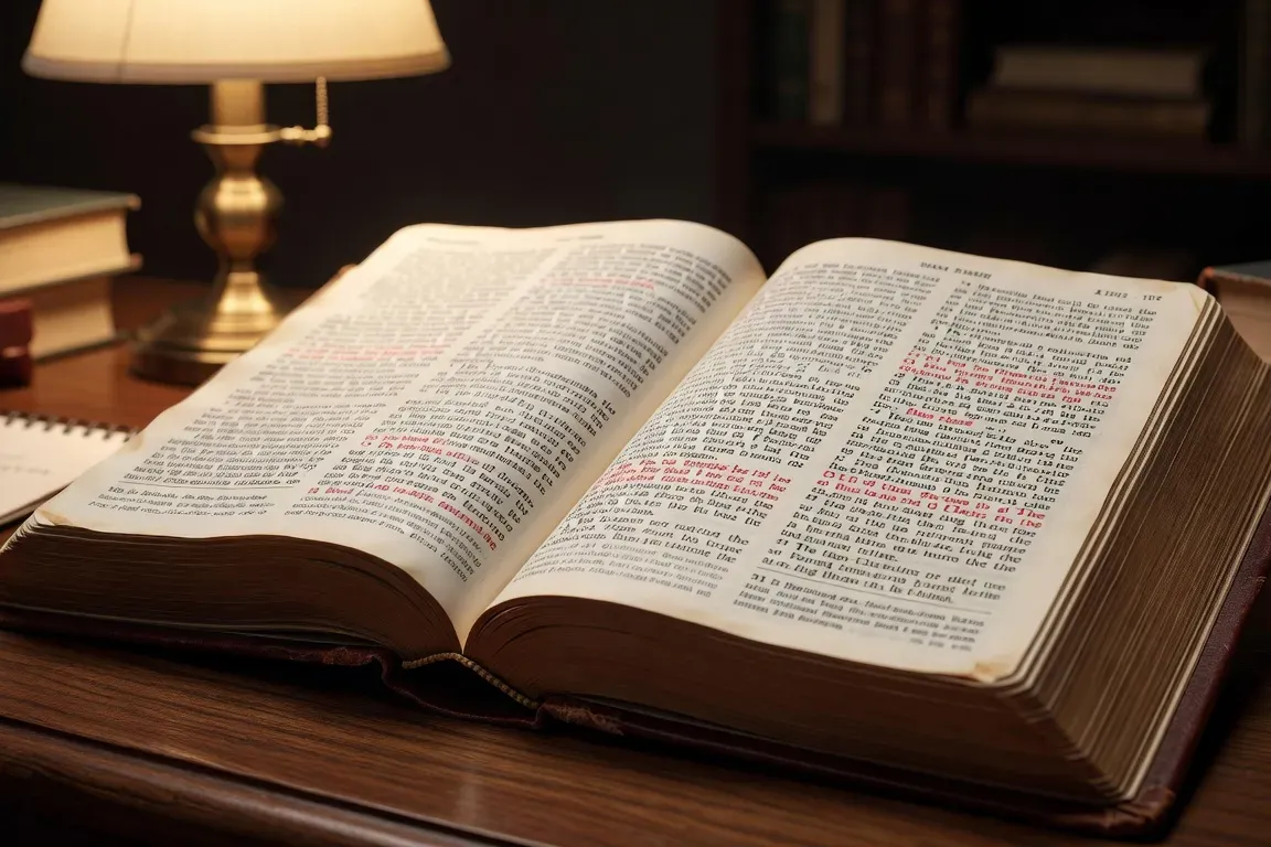 Plusieurs Bibles d'étude catholiques ouvertes en comparatif sur une table de bibliotheque avec stylos et notes manuscrites