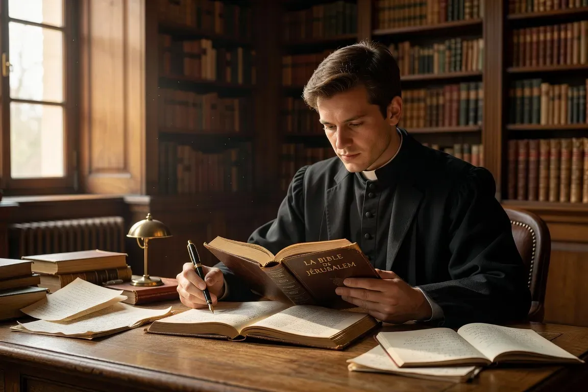 Lectrice attentive lisant une Bible d'étude catholique avec stylo et carnet de notes a la lumière d'une lampe de bureau
