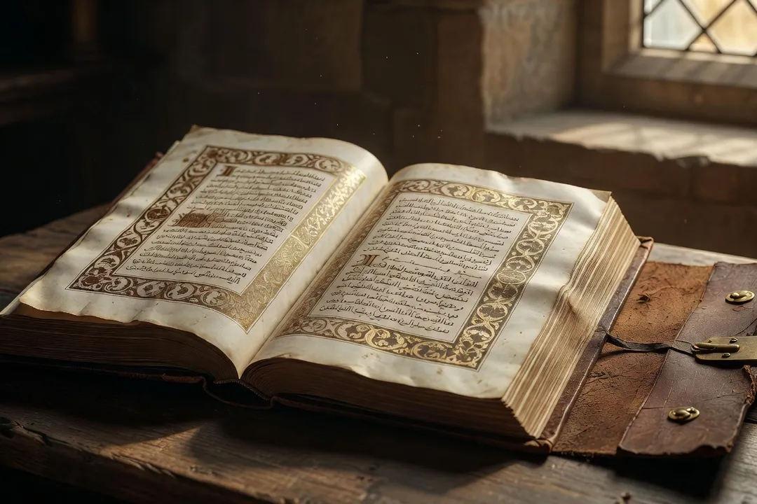 Livre d'heures ancien ouvert montrant une page de calligraphie et une bordure décorative, reliure en cuir posée à côté