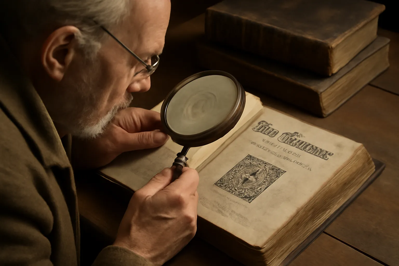 Bibliophile examinant à la loupe le papier et le filigrane d'un livre religieux ancien sur une table de travail