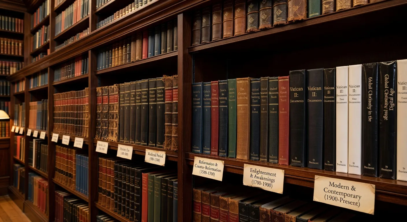 Rangee de volumes d'histoire du christianisme alignes sur une etagere de bibliotheque en bois sombre