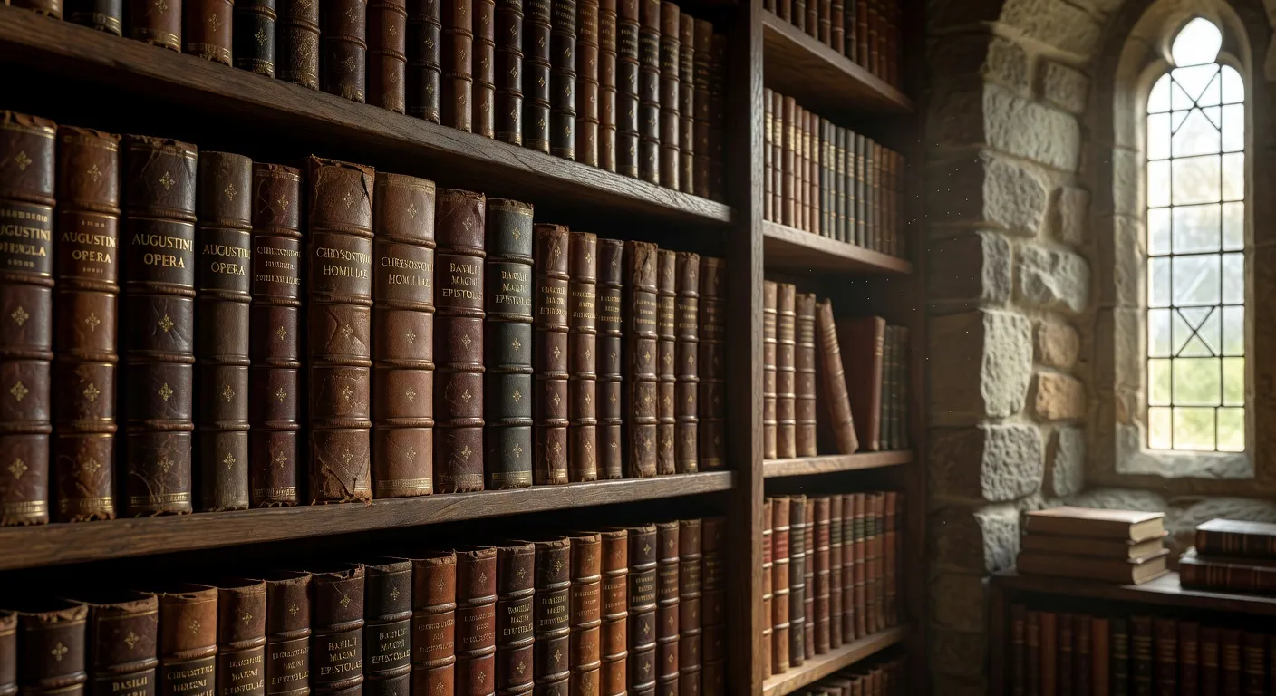 Rayonnage de bibliotheque avec editions anciennes des Peres de l'Eglise en reliures de cuir brun et dore