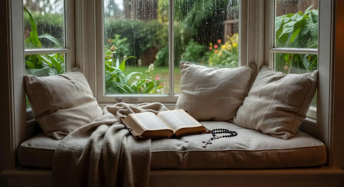 Personne lisant un livre de priere dans un fauteuil confortable