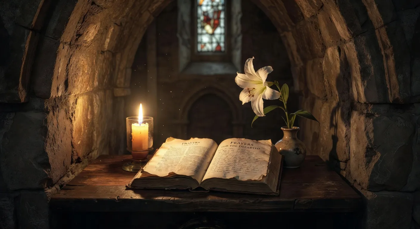Bougie memorial allumee dans une eglise a cote d'un livre de prieres ouvert sur un pupitre en bois