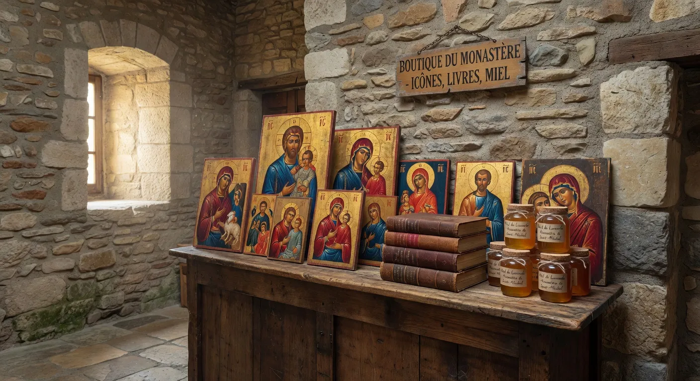 Boutique d'un monastere orthodoxe en France avec des icones exposees sur des etageres en bois