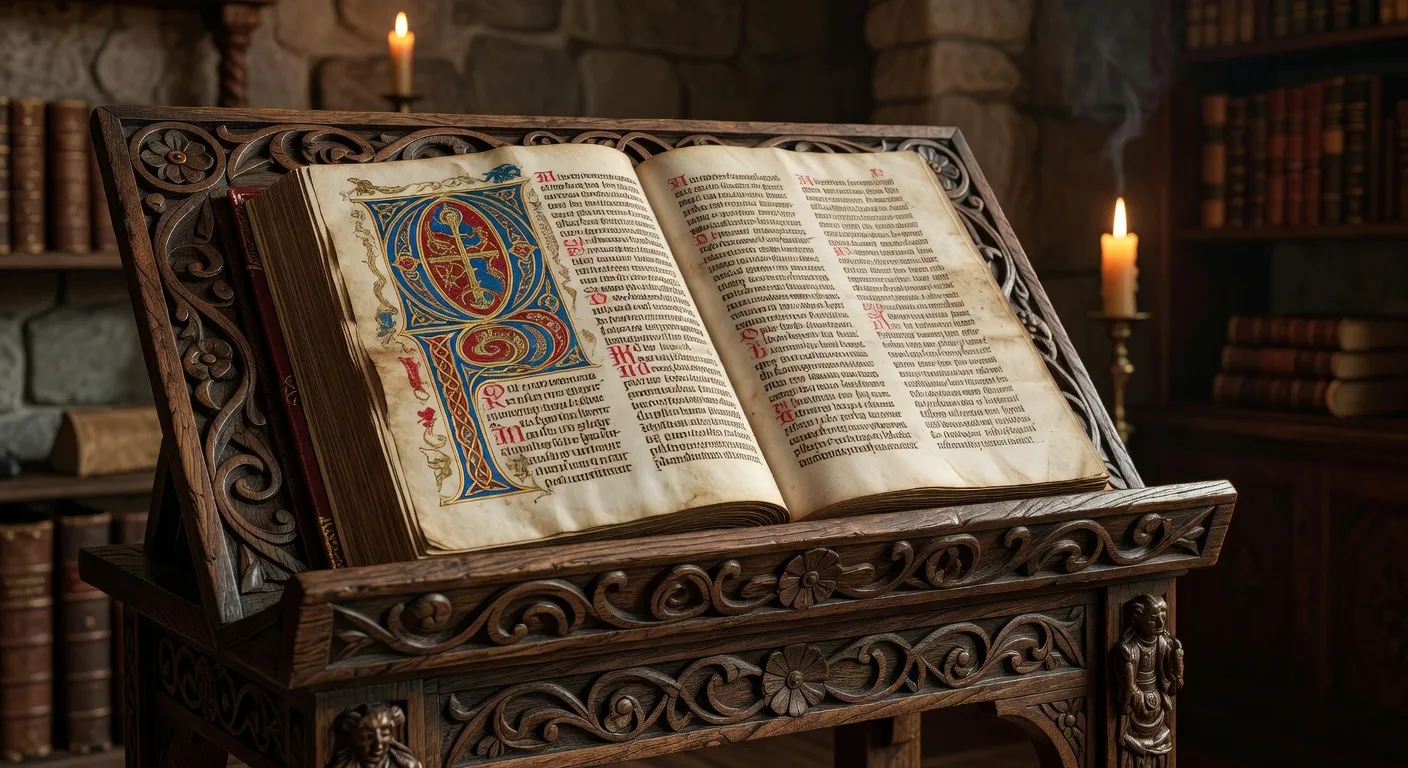 Livre d'heures medieval enluminé ouvert sur un pupitre en bois sculpte avec feuilles d'or et miniatures