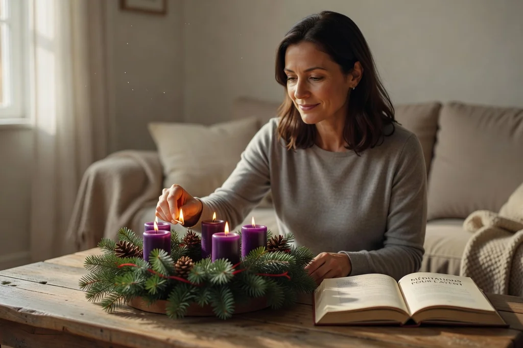 Femme adulte allumant les bougies d'une couronne de l'Avent posée sur une table de salon avec un livre de méditations ouvert