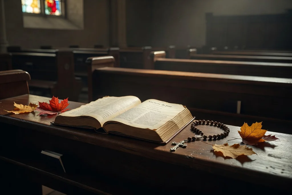Missel des dimanches ouvert sur les lectures de l'année B posé sur un banc d'église, avec un chapelet et des feuilles d'automne