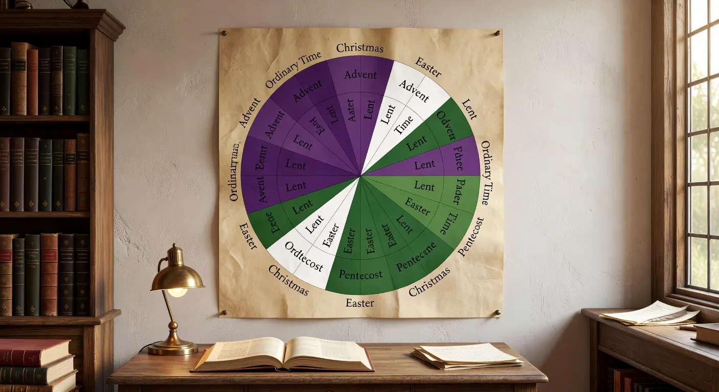 Representation du calendrier liturgique annuel avec les couleurs des temps liturgiques et les grandes fetes chretiennes