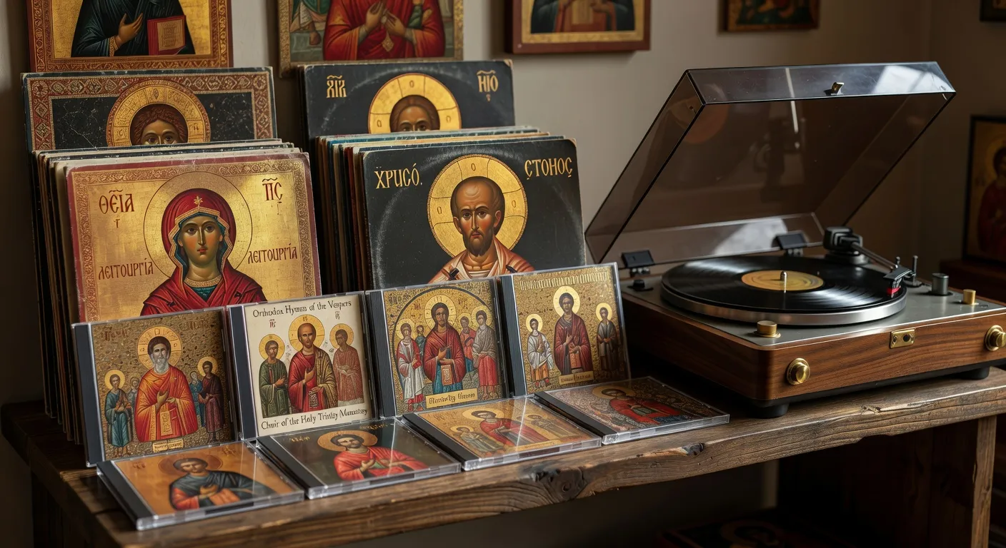 Collection de CD de musique sacree orthodoxe avec pochettes representant des icones et des eglises