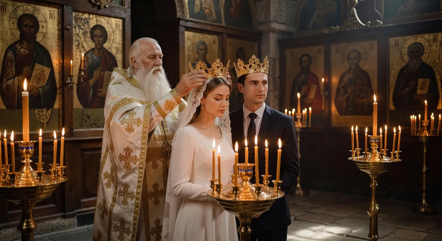 Ceremonie de mariage orthodoxe avec le pretre tenant les couronnes dorees au-dessus des epoux devant l'iconostase