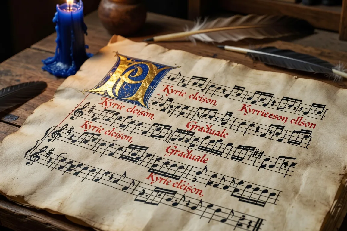 Partition grégorienne médiévale sur parchemin enluminé, neumes et texte latin