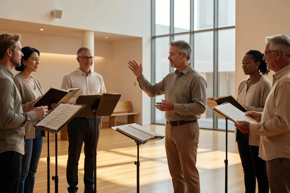 Chorale paroissiale moderne en répétition de chant grégorien, partition sur pupitres