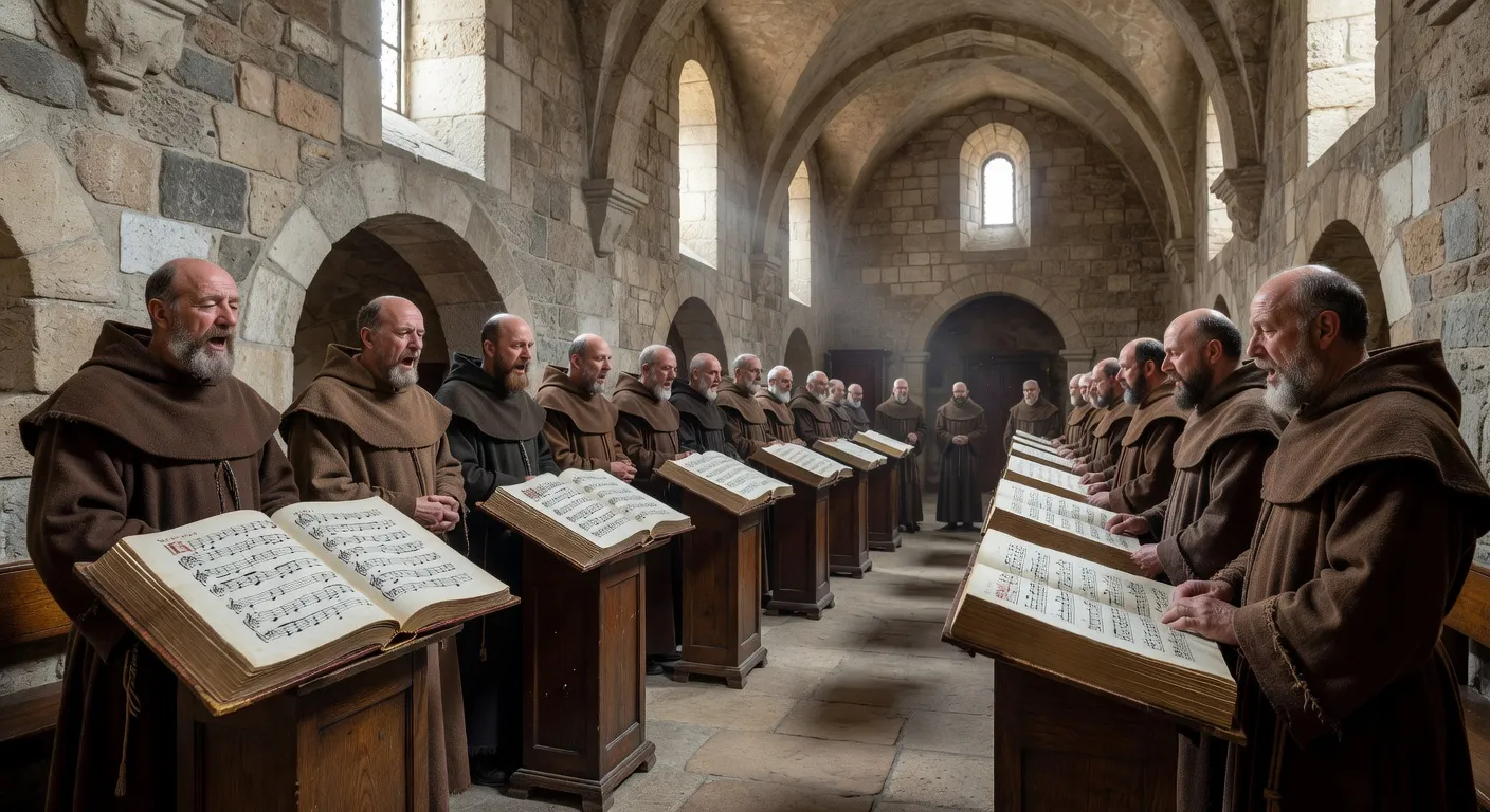 Moines chantant le gregorien dans les stalles d'une abbaye romane