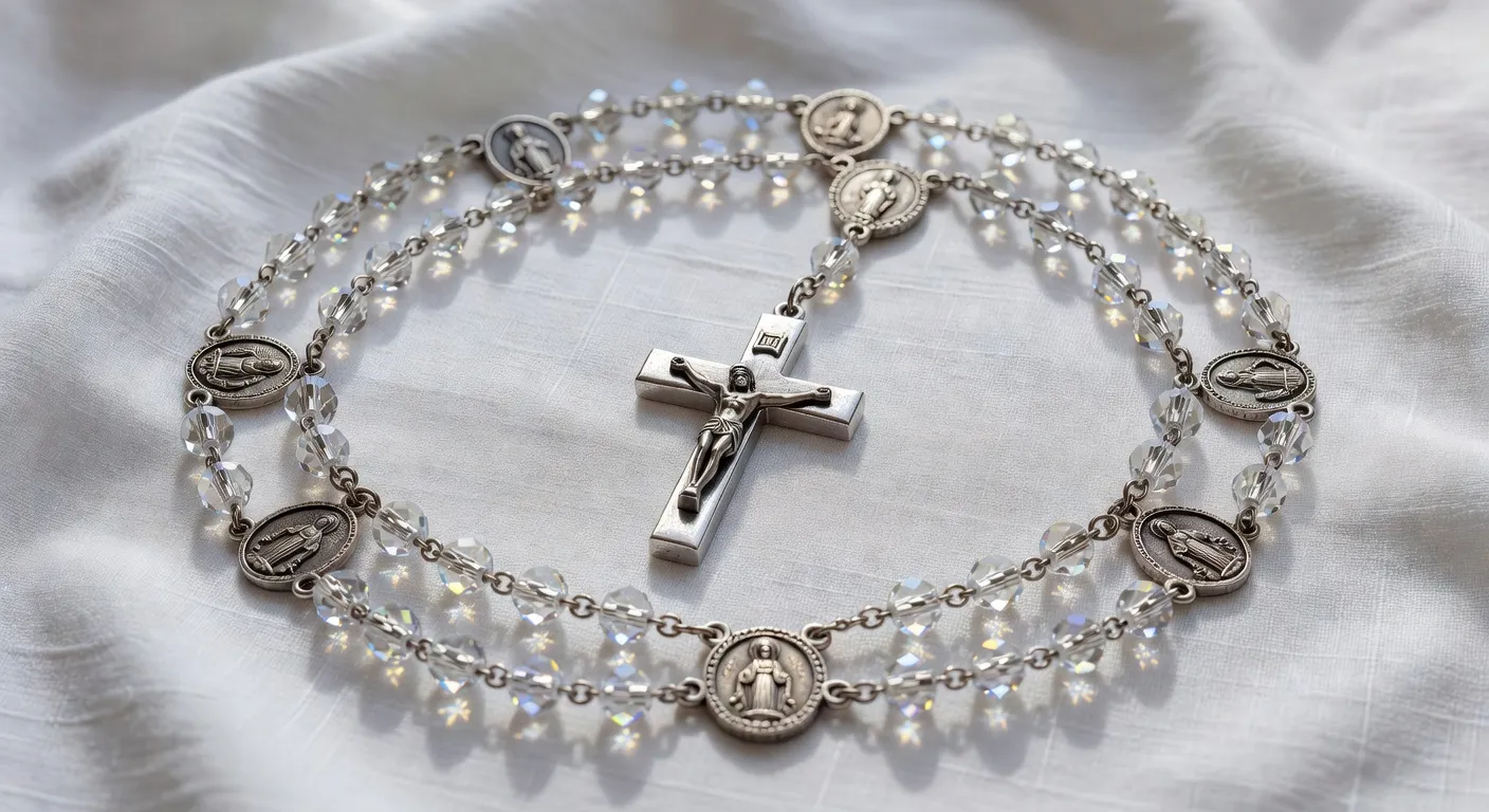 Chapelet catholique en bois d'olivier pose sur un missel ouvert aux pages des mysteres du rosaire