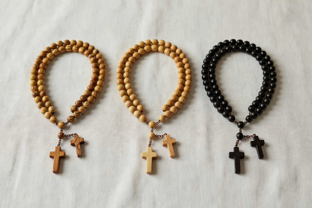 Trois chapelets en bois disposes en cercle : olivier clair, santal ambré et ebene noir sur fond de velours bordeaux