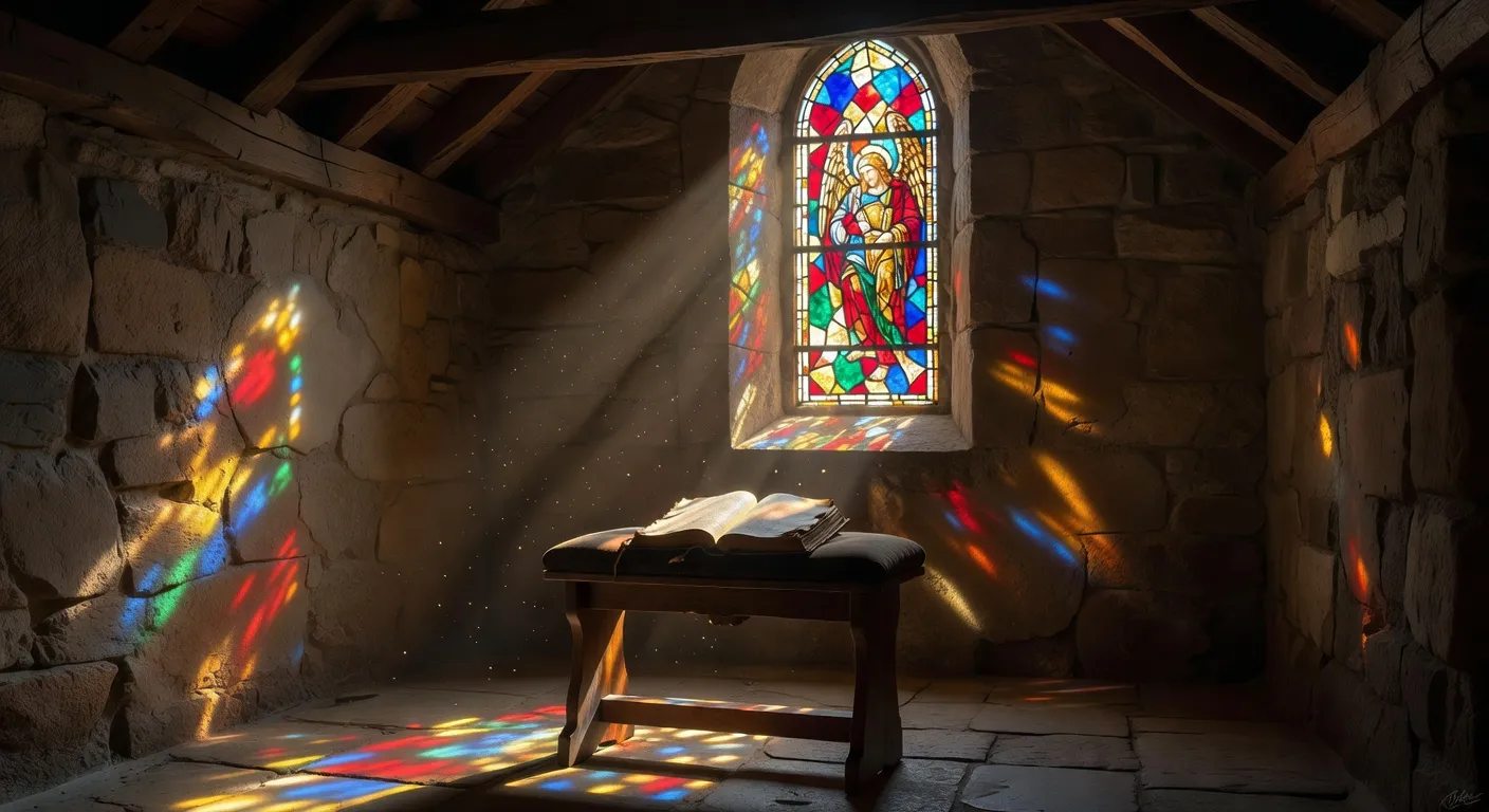 Interieur d'une chapelle baignee de lumiere filtree par un vitrail colore avec un banc de priere