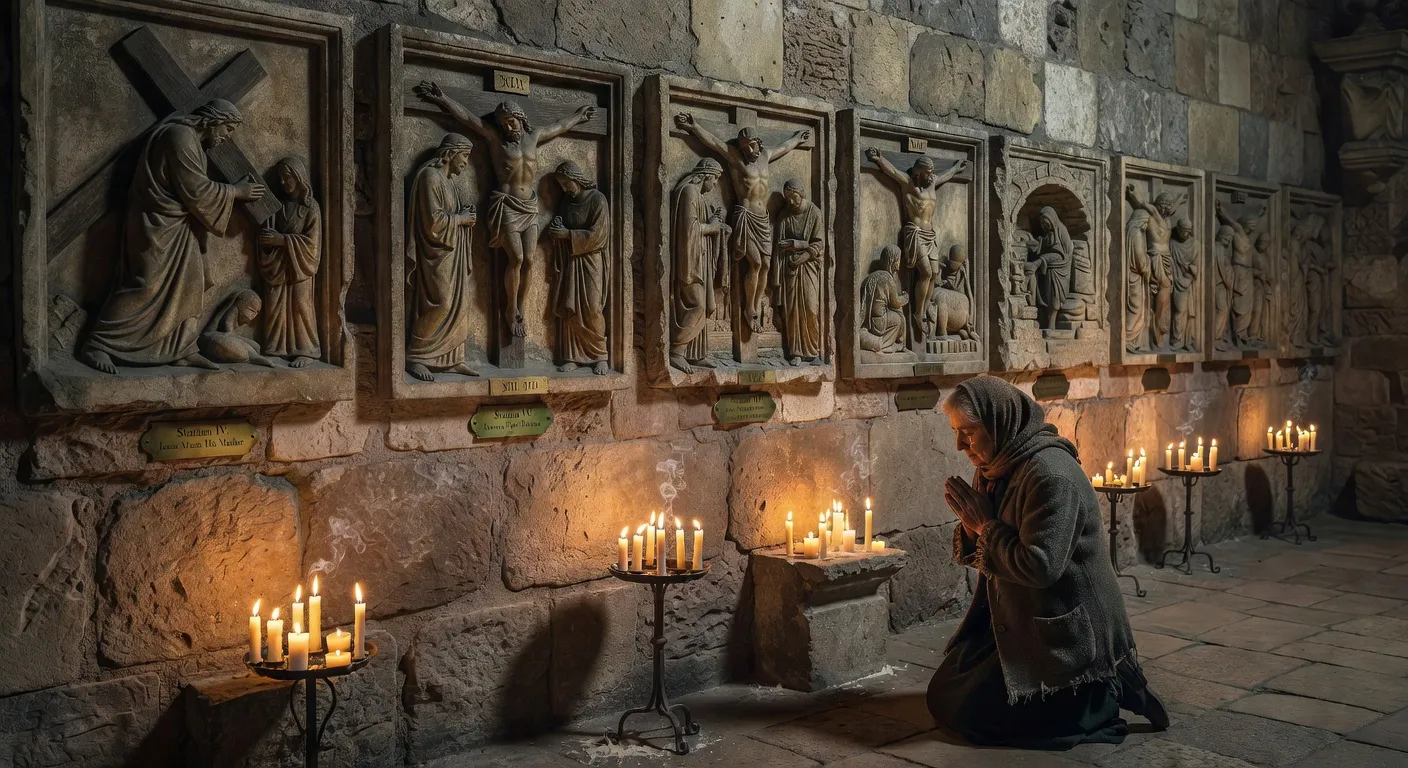 Chemin de croix en pierre dans un jardin monastique avec des fleurs de printemps symbolisant le passage du careme vers Paques
