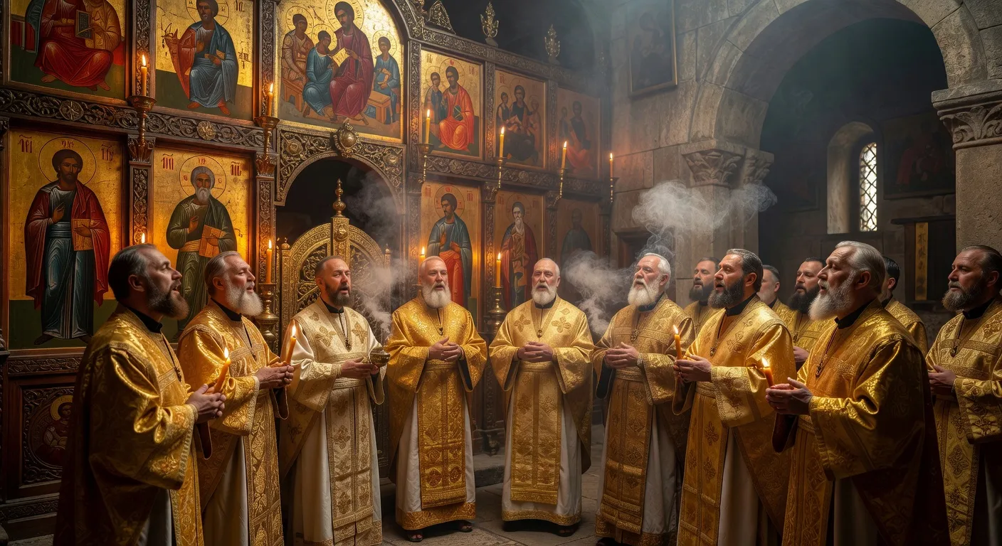 Choeur monastique orthodoxe chantant la liturgie dans une eglise aux fresques byzantines