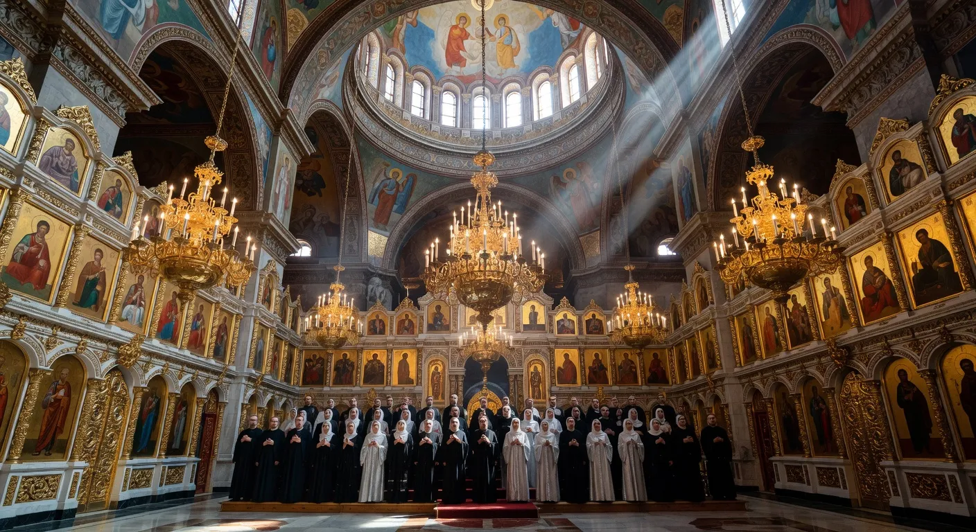 Choeur liturgique orthodoxe chantant dans une cathedrale russe ornee de fresques et d'icones