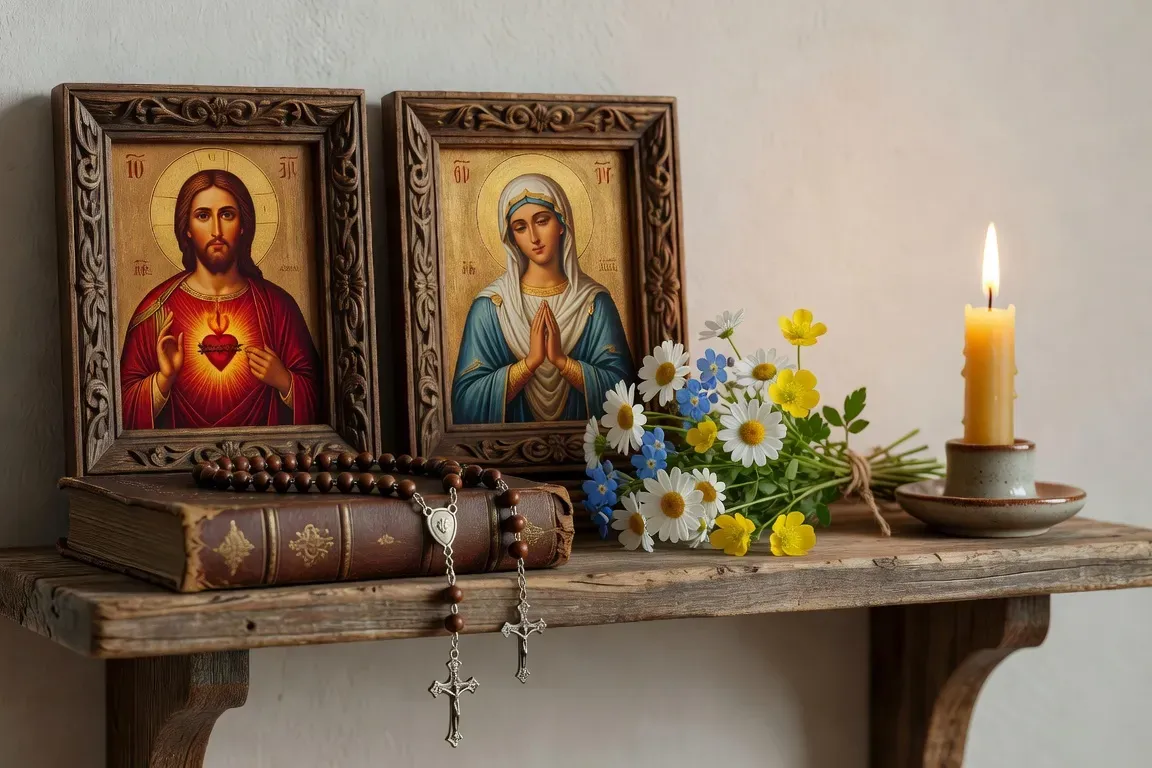 Coin prière catholique amenage sur etagere avec icone du Christ, crucifix, bougie blanche et chapelet en bois