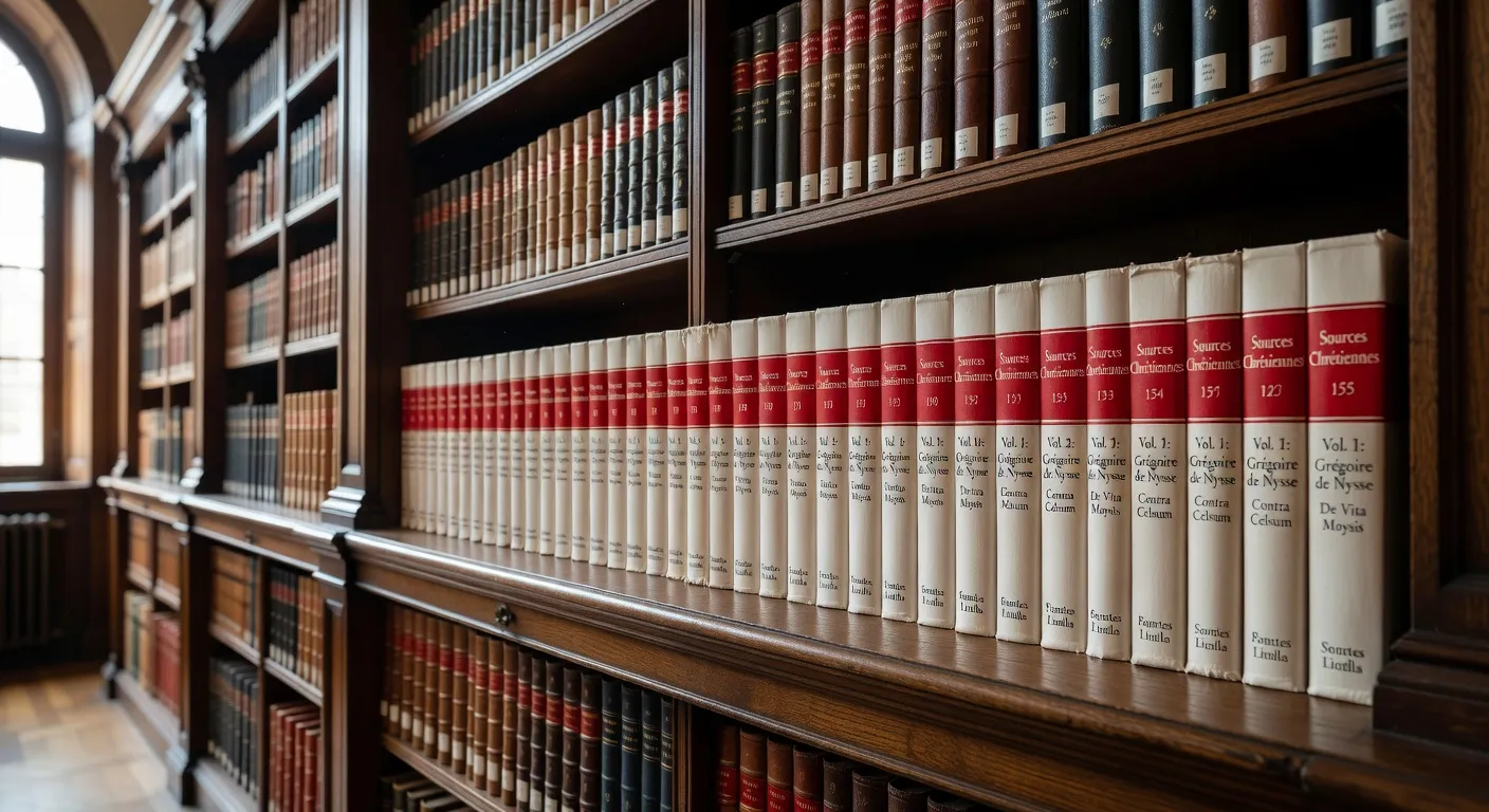 Collection de volumes Sources Chretiennes alignes sur une etagere avec couvertures jaunes caracteristiques