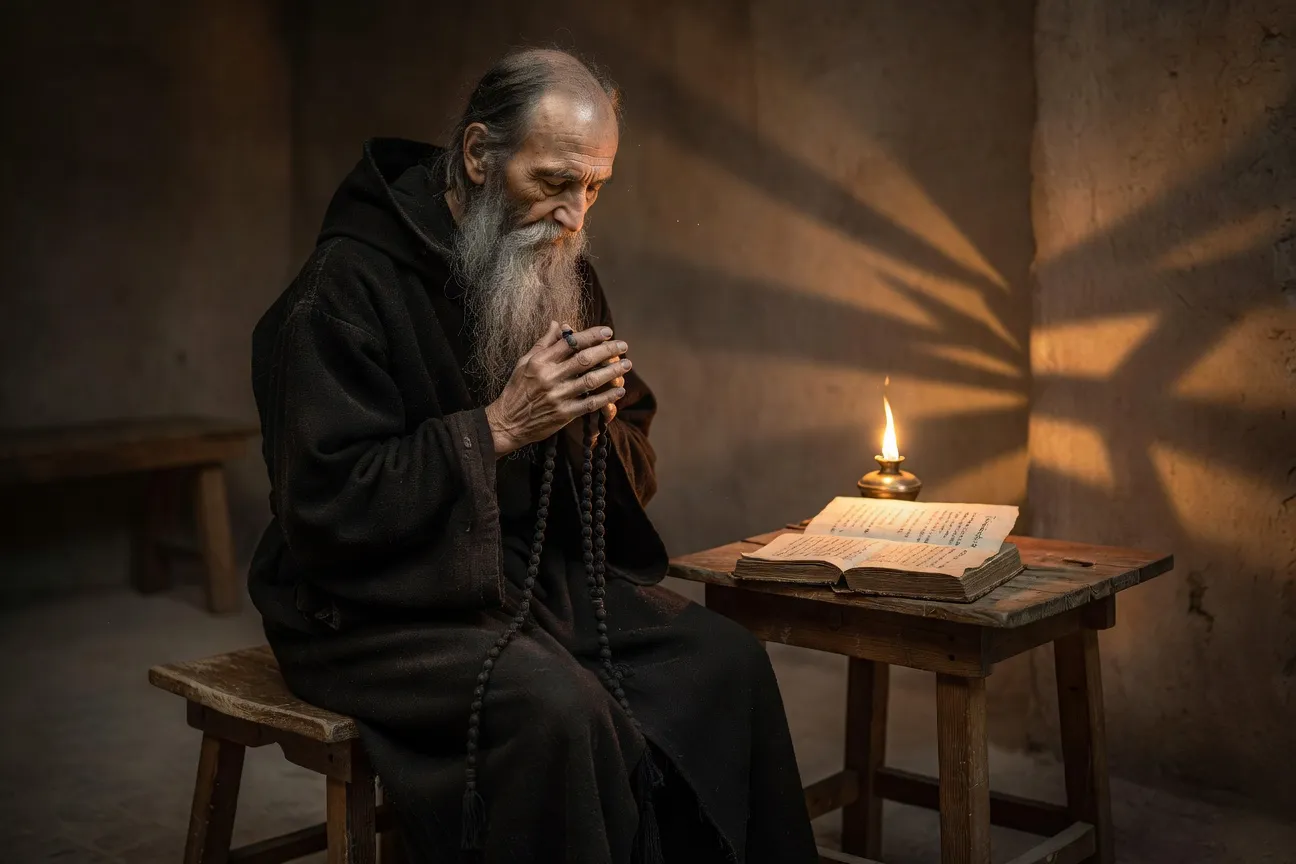 Mains tenant un tchotki orthodoxe en laine noire noue avec doigts qui glissent sur les noeuds devant une bougie allumee
