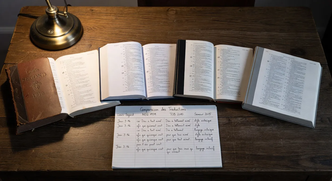 Trois Bibles d'etude differentes ouvertes cote a cote sur un bureau pour comparer les traductions