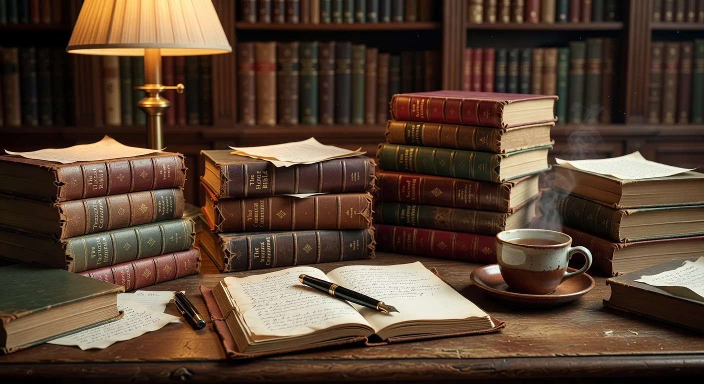 Bureau d'un editeur avec des livres religieux et un carnet de notes