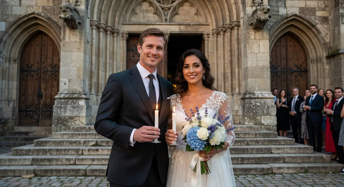 Couple interculturel devant une eglise chretienne symbole d'unite dans la diversite