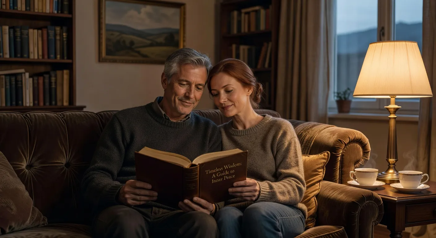 Couple lisant ensemble un livre de spiritualite conjugale sur un canape le soir avec une lumiere tamisee