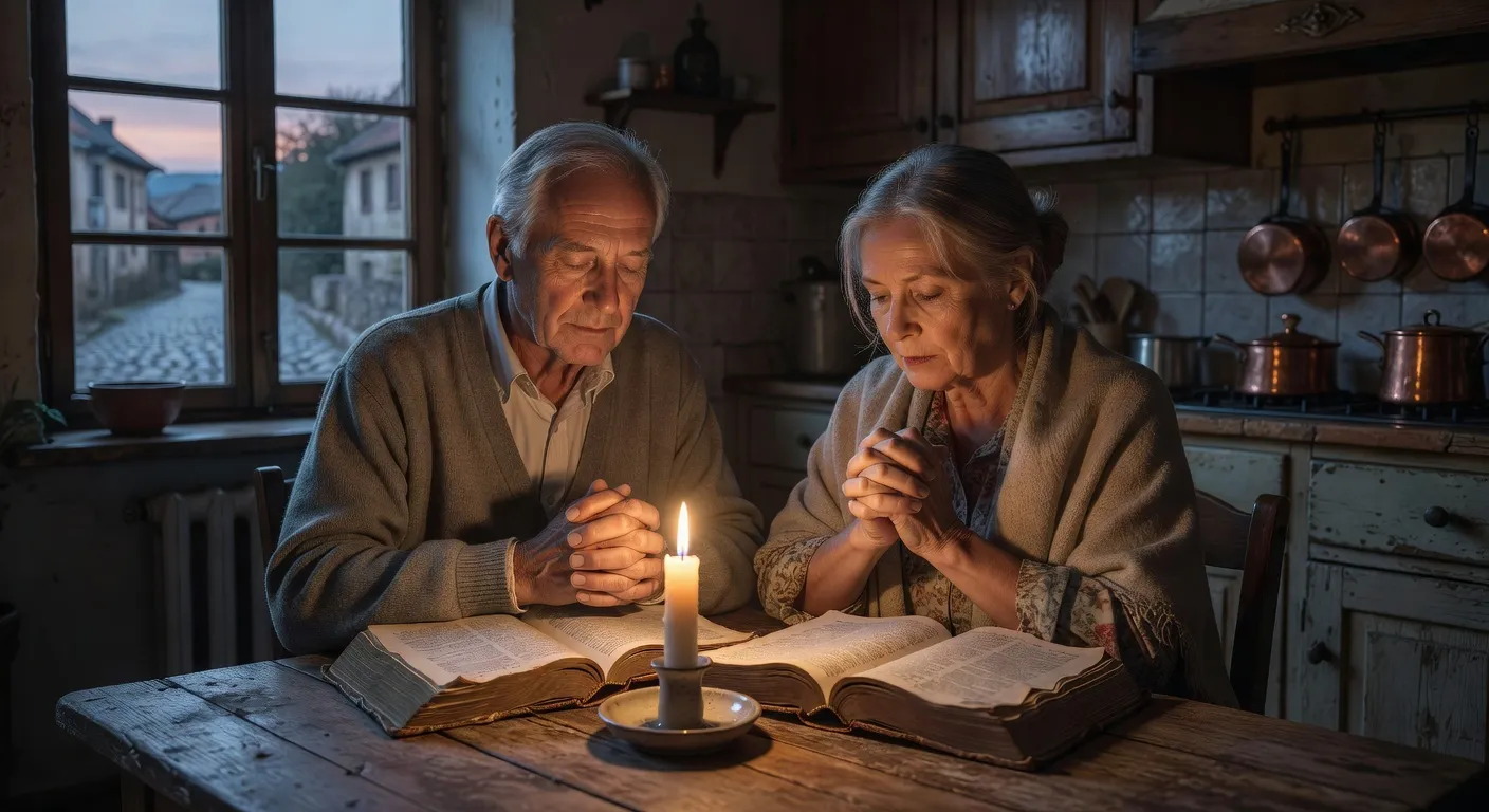 Couple lisant ensemble la Bible a la lumiere d'une bougie dans un interieur chaleureux