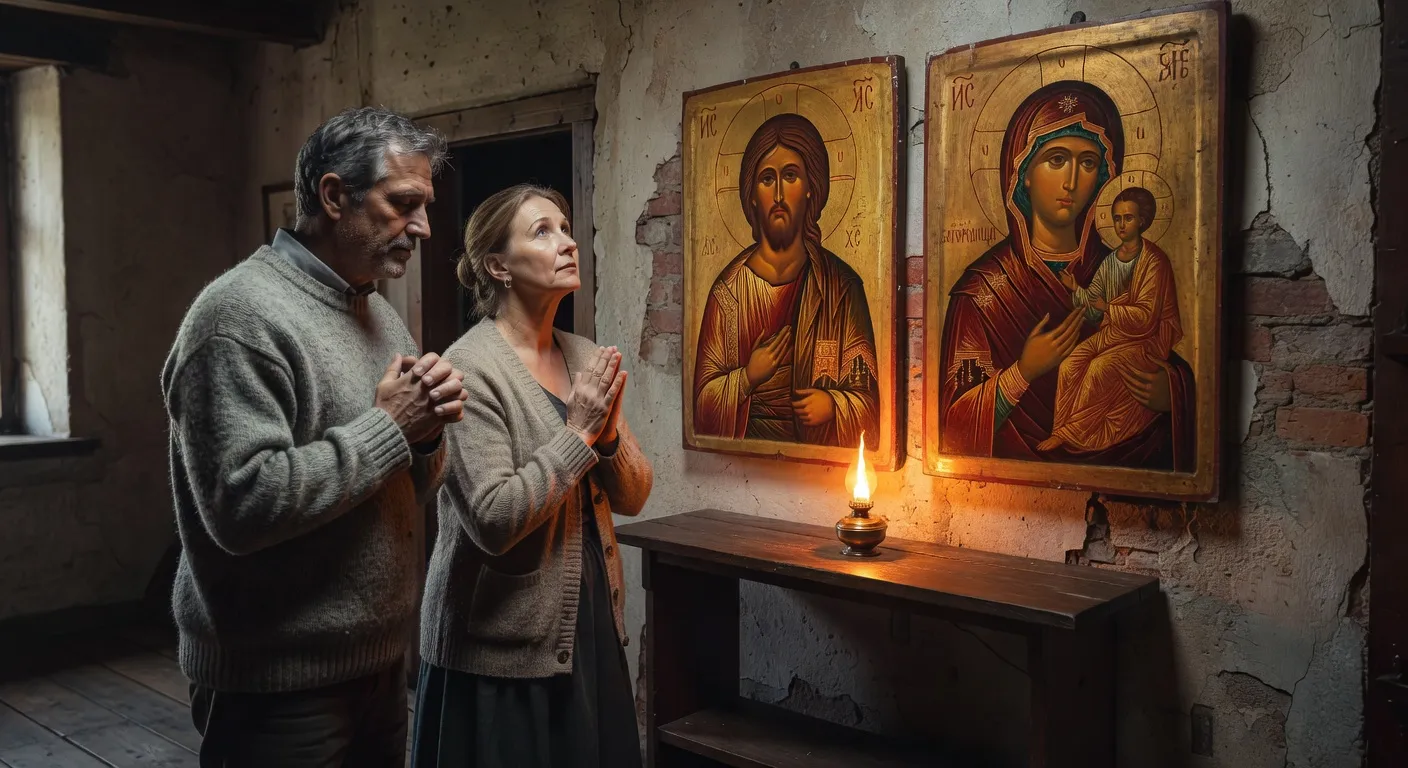 Couple chretien partageant un moment de priere devant une icone dans leur foyer