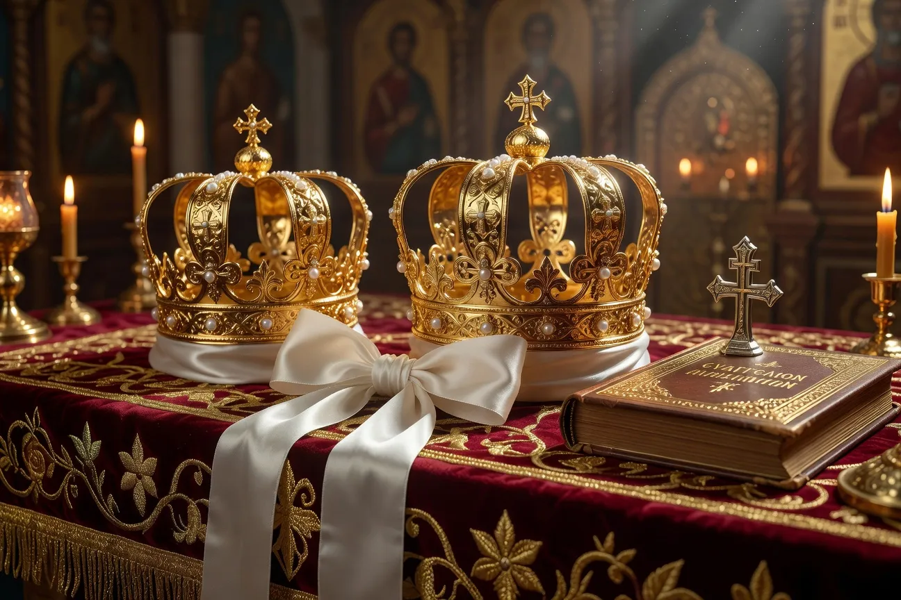 Couronnes nuptiales dorees posees sur un evangeliaire lors d'un mariage orthodoxe