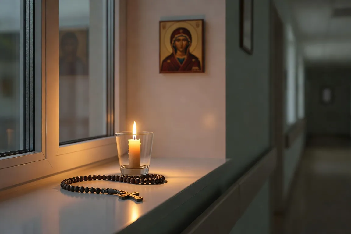 Cierge allumé et chapelet posé dans un couloir d'hôpital, lumière apaisante