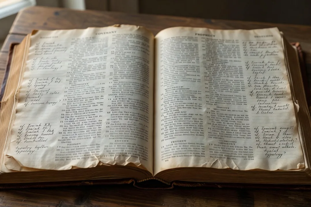 Pages d'un dictionnaire biblique montrant une entrée thématique développée, avec renvois et références bibliques en marge