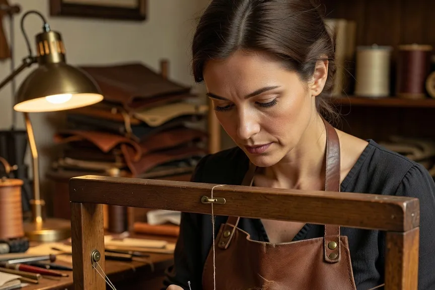 Femme artisane relieuse cousant à la main les cahiers d'un livre religieux ancien sur un métier à relier en bois
