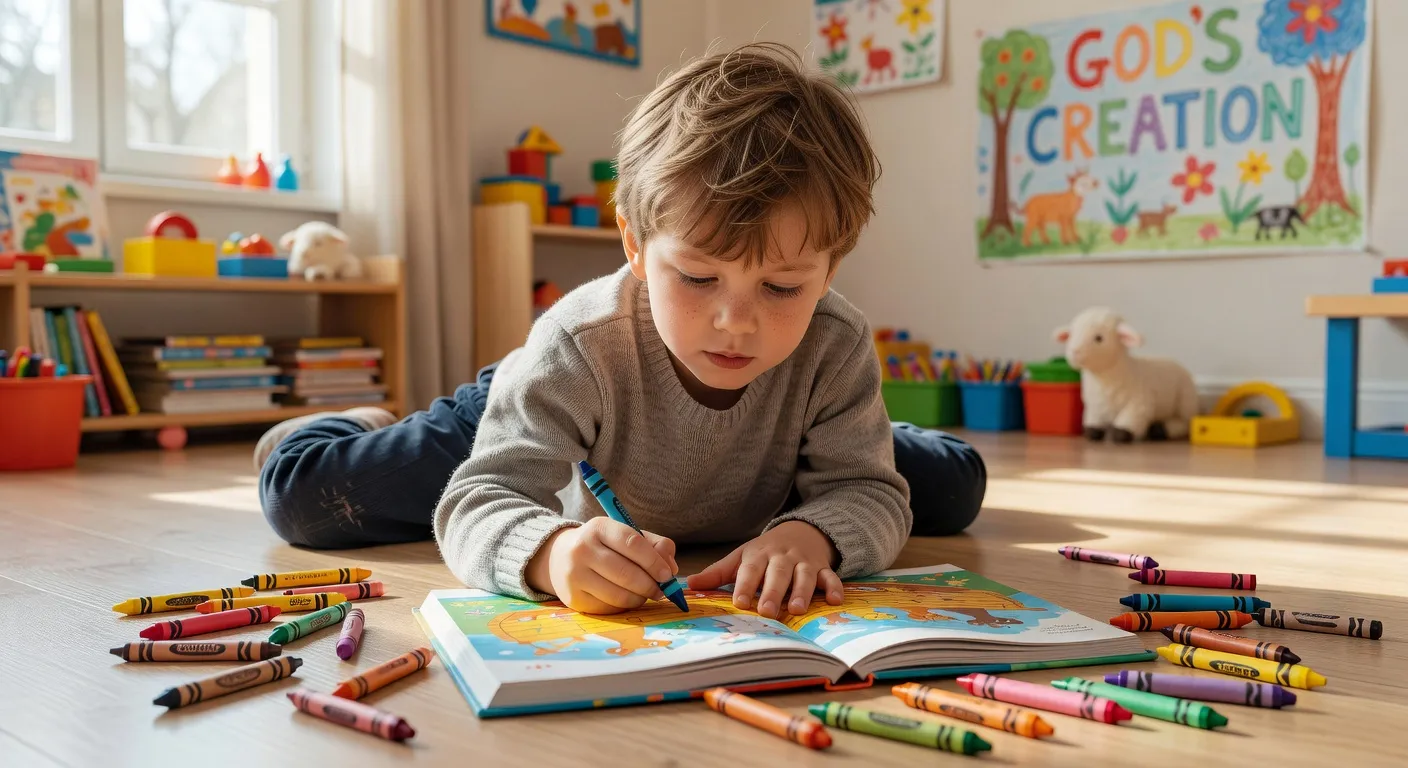 Enfant feuilletant une Bible illustree coloree avec des personnages bibliques dessines de maniere chaleureuse