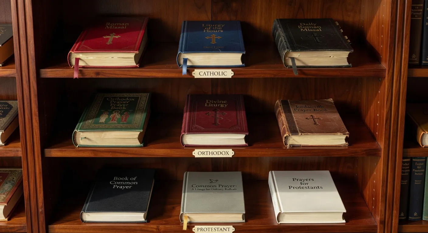 Etagere de bibliotheque avec des livres de prieres de differentes traditions chretiennes ranges par couleurs