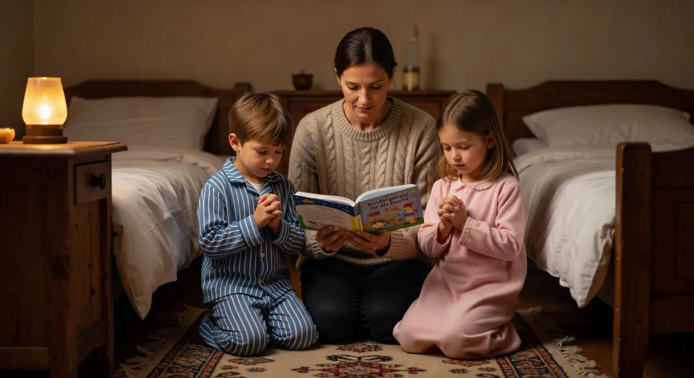 Famille chretienne reuniepour la priere du soir avec des enfants devant un coin d'icones