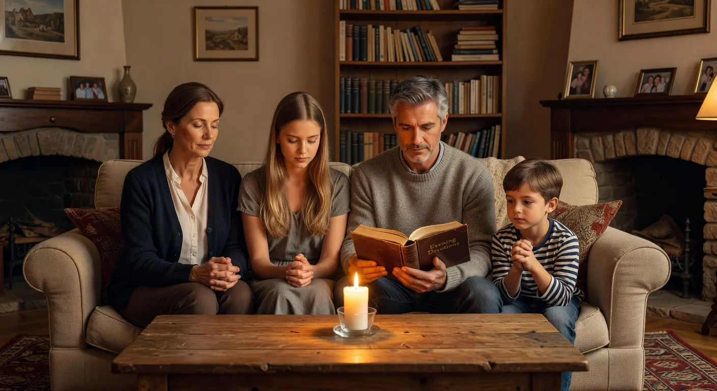 Famille reunite pour la priere du soir avec une bougie allumee et un petit livre de prieres pour enfants