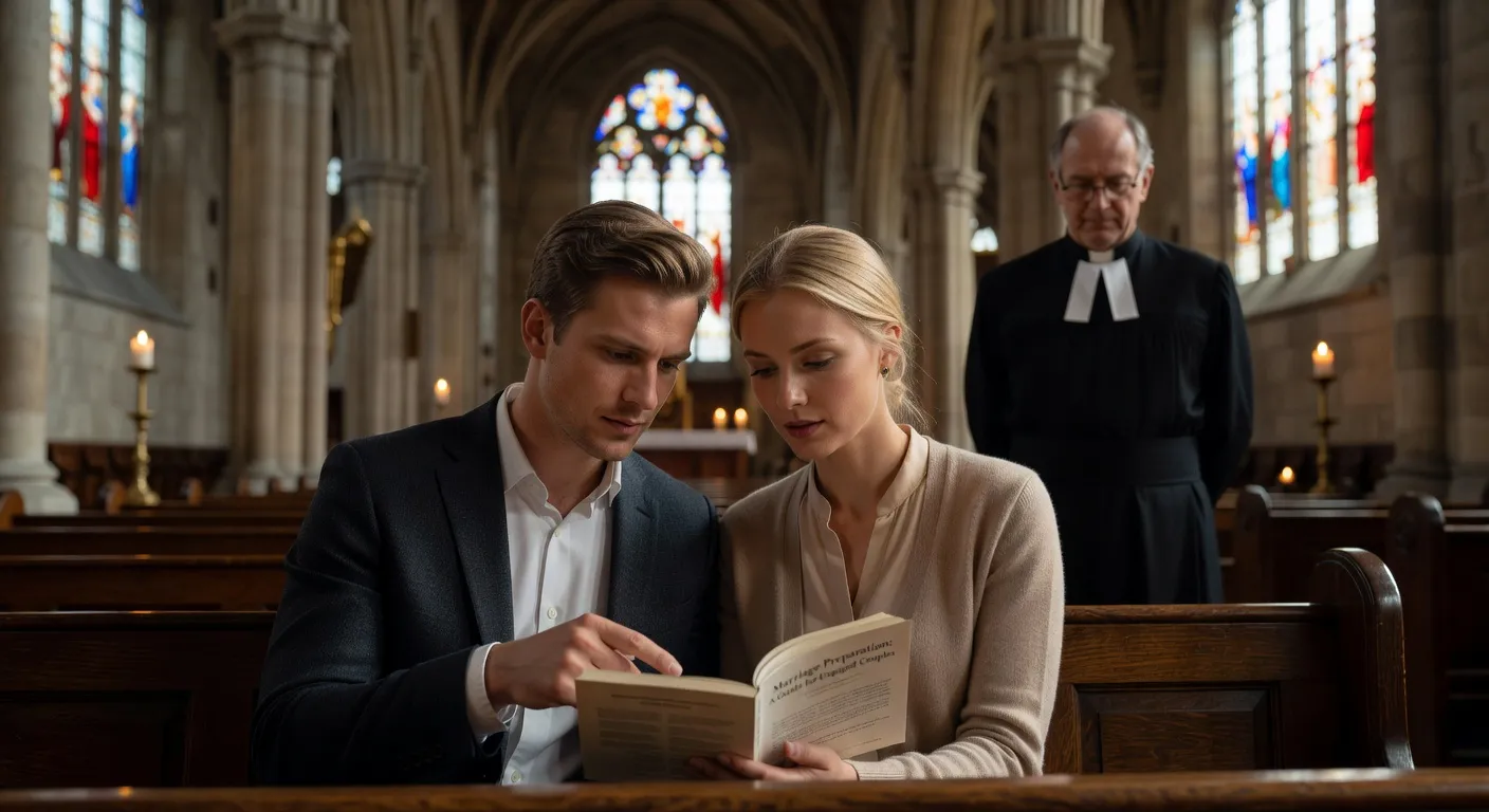 Couple de fiances lisant ensemble un livre de preparation au mariage dans le jardin d'un presbytere