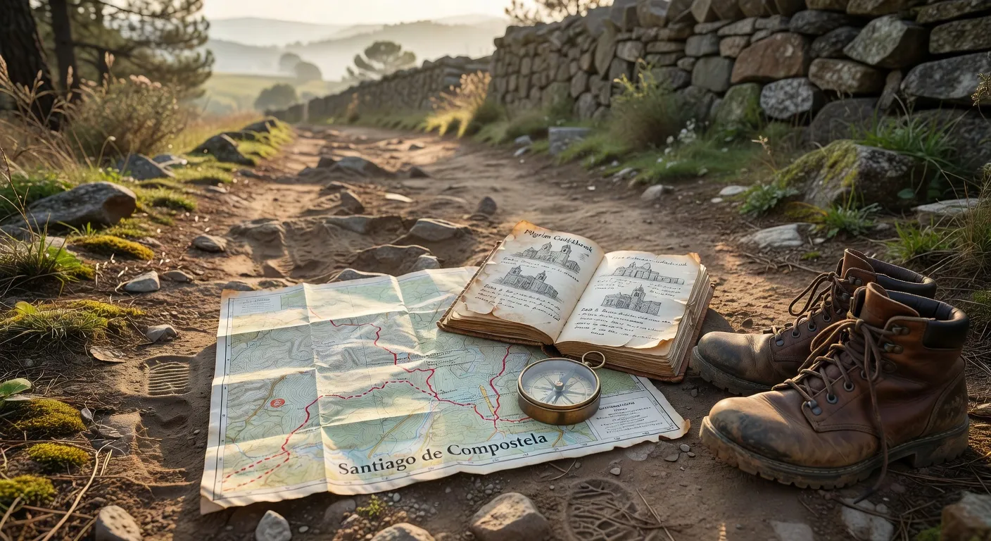 Guides de pelerinage pour Compostelle poses sur une carte topographique avec une boussole et une coquille Saint-Jacques