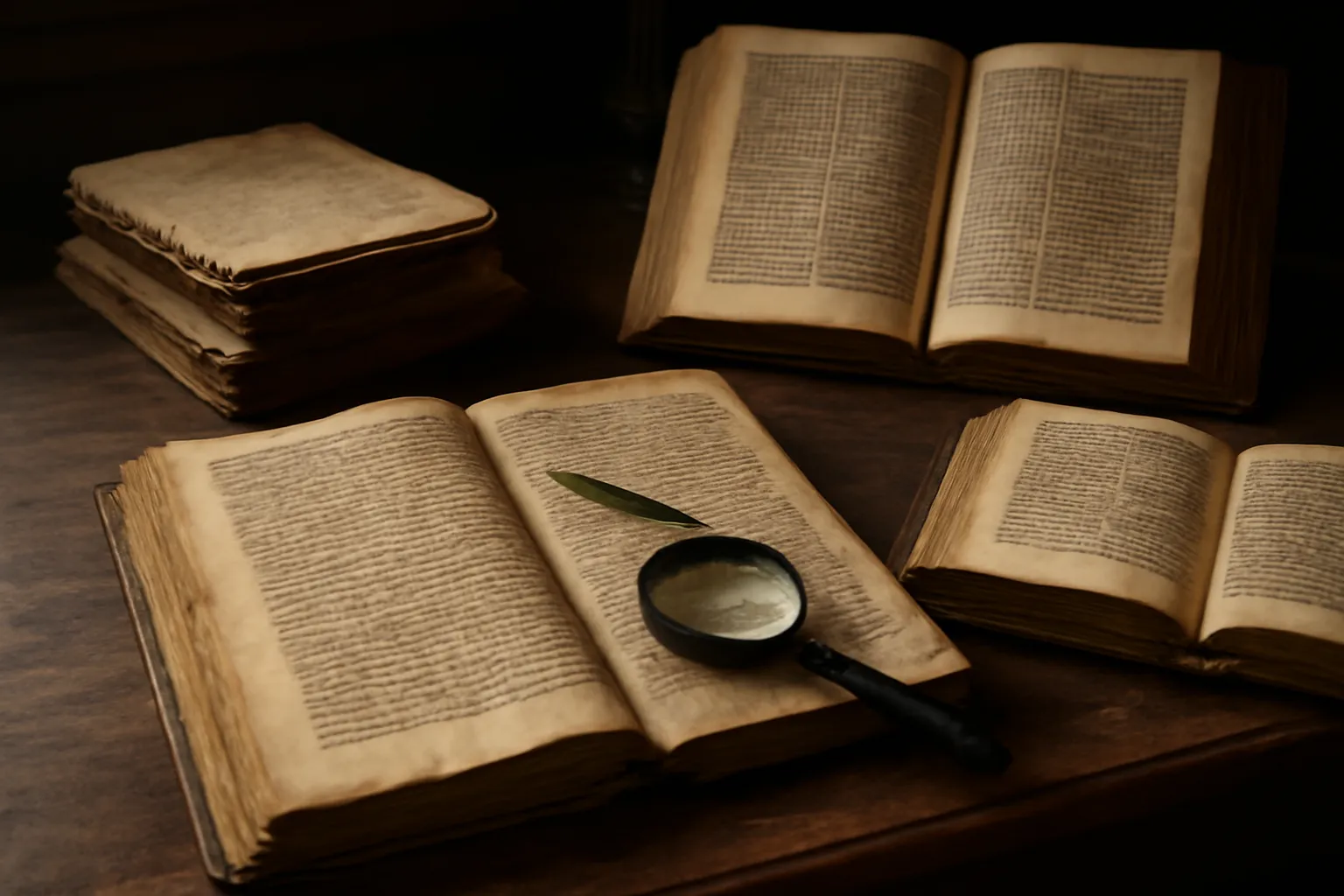 Bureau d'éditeur avec manuscrits anciens, loupe et ouvrages patristiques ouverts, ambiance studieuse