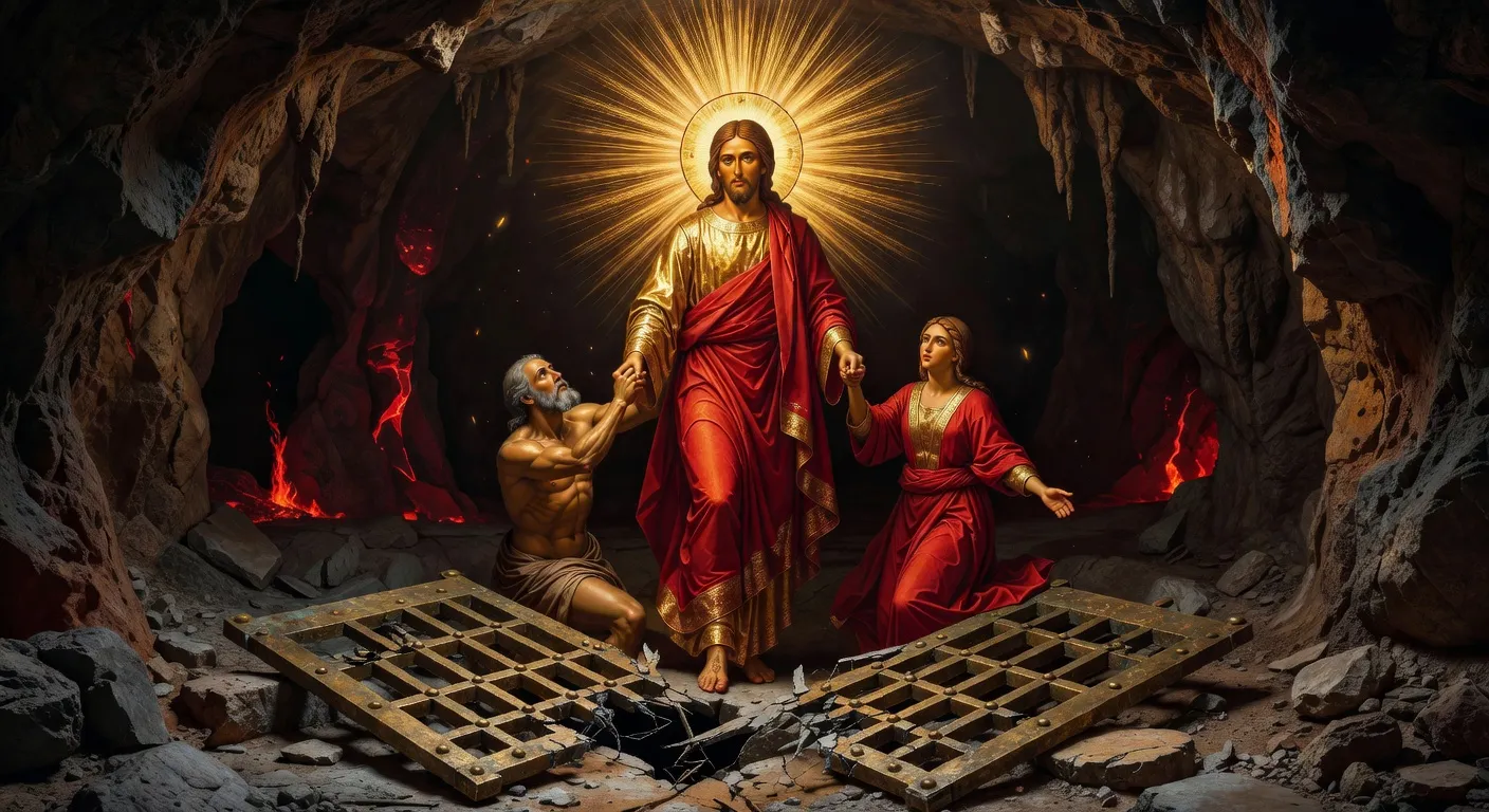 Icone orthodoxe de la Descente aux enfers avec le Christ ressuscite saisissant Adam et Eve par la main