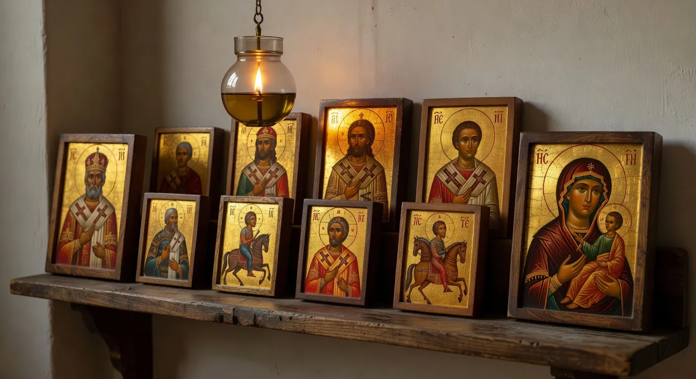 Icones orthodoxes representant les grands saints d'Orient dans un monastere