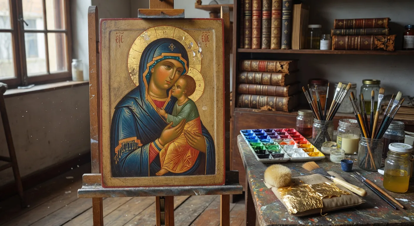 Icone de la Vierge de Tendresse en cours de realisation dans un atelier d'iconographe avec pigments et feuille d'or
